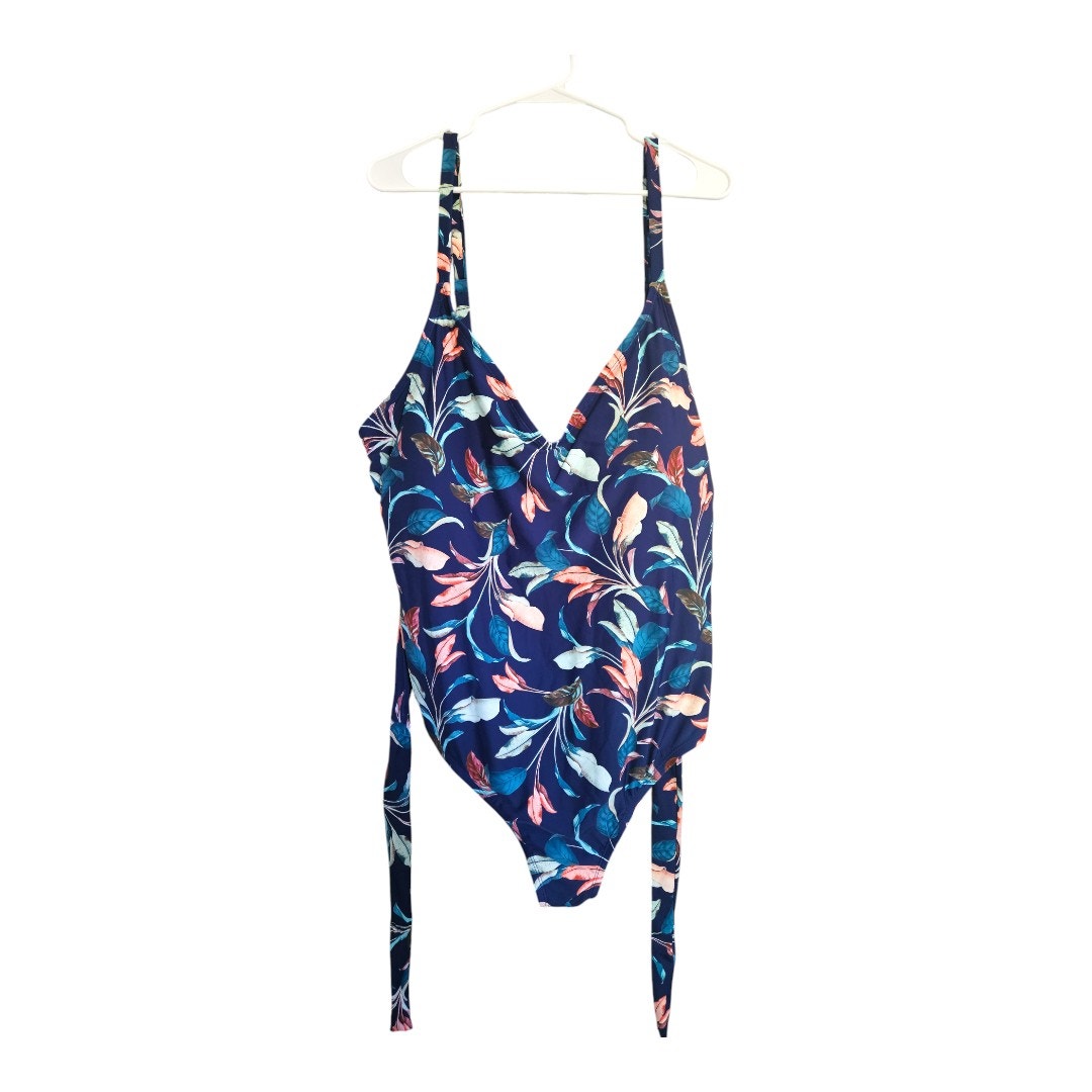 New Mynah Women's Plus Lush Leaves V-Neck One-Piece Swimsuit In Blue (Size: 24w)